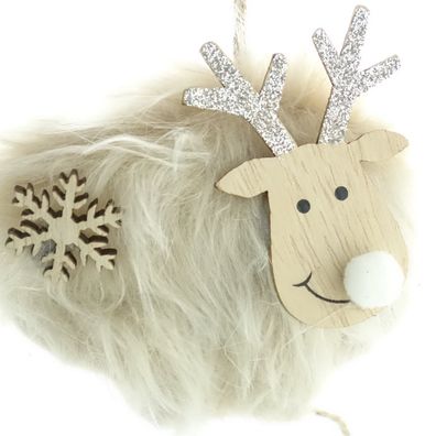 Weihnachtsanhänger Hirsch Beige mit Kunstfell & Schneeflocke - Polyester & Holz