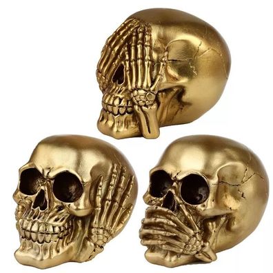 Totenkopf nichts hören, nichts sehen, nichts sagen Figur Gold Deko Gothic Fantasy