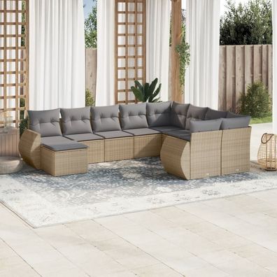 vidaXL 10-tlg. Garten-Sofagarnitur mit Kissen Beige Poly Rattan