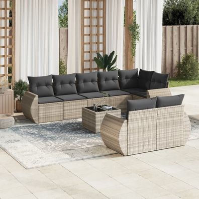 vidaXL 9-tlg. Garten-Sofagarnitur mit Kissen Hellgrau Poly Rattan