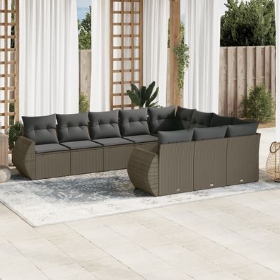 vidaXL 10-tlg. Garten-Sofagarnitur mit Kissen Hellgrau Poly Rattan