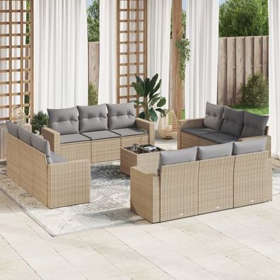 vidaXL 13-tlg. Garten-Sofagarnitur mit Kissen Beige Poly Rattan