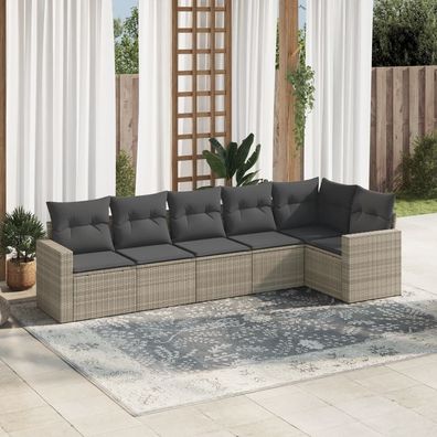 vidaXL 6-tlg. Garten-Sofagarnitur mit Kissen Hellgrau Poly Rattan