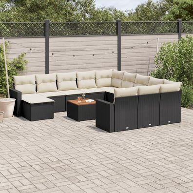 vidaXL 13-tlg. Garten-Sofagarnitur mit Kissen Schwarz Poly Rattan