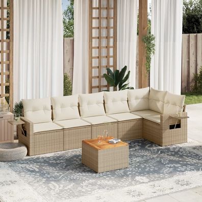 vidaXL 7-tlg. Garten-Sofagarnitur mit Kissen Beige Poly Rattan