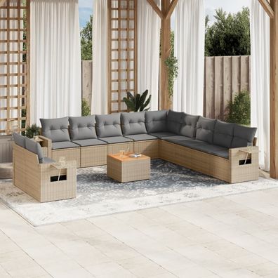 vidaXL 12-tlg. Garten-Sofagarnitur mit Kissen Beige Poly Rattan