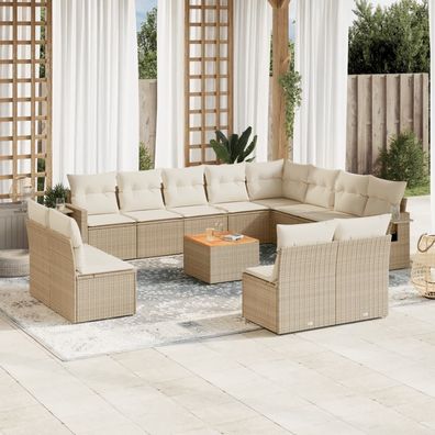 vidaXL 13-tlg. Garten-Sofagarnitur mit Kissen Beige Poly Rattan