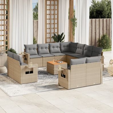 vidaXL 12-tlg. Garten-Sofagarnitur mit Kissen Beige Poly Rattan