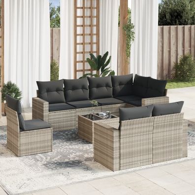 vidaXL 9-tlg. Garten-Sofagarnitur mit Kissen Hellgrau Poly Rattan