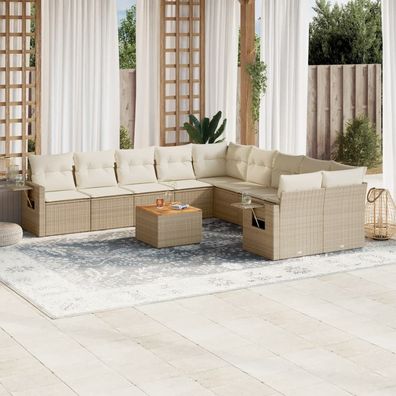 vidaXL 11-tlg. Garten-Sofagarnitur mit Kissen Beige Poly Rattan