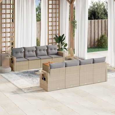 vidaXL 9-tlg. Garten-Sofagarnitur mit Kissen Beige Poly Rattan