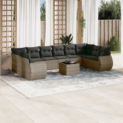 vidaXL 11-tlg. Garten-Sofagarnitur mit Kissen Grau Poly Rattan