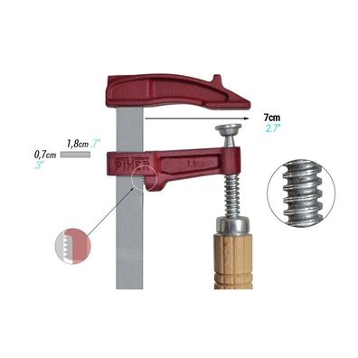 Piher Schraubzwinge MM 20 Standard Holzgriff Ausladung 7cm Schiene 18x7mm 02020