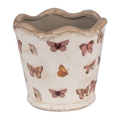 Clayre & Eef Blumentopf Ø 13x12 cm Beige Rosa Keramik Schmetterlinge (Gr. Ø 13x12 cm)