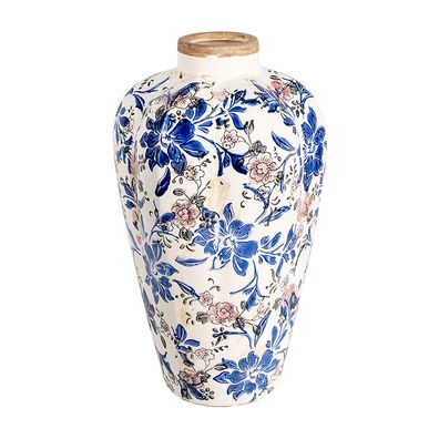 Clayre & Eef Vase Ø 21x35 cm Beige Blau Keramik Blumen (Gr. Ø 21x35 cm)