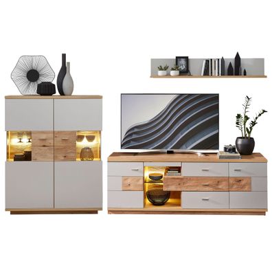 Wohnwand Valente 33 lichtgrau matt 300x160x48 cm 3-teilig TV-Wand LED