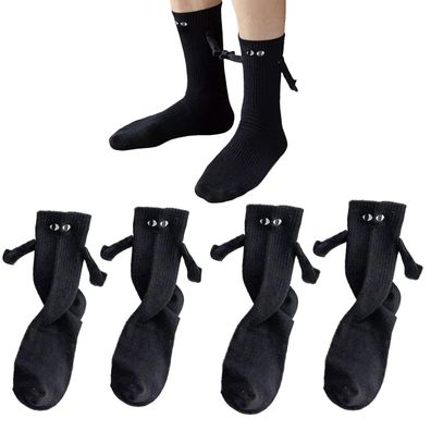 2 Paar Händchen haltende Paar-Socken, magnetisch, lustiges Halten, schwarz