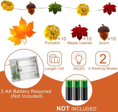 3D Ahorn-Eicheln-Lichterkette, Herbstdekoration, batteriebetrieben