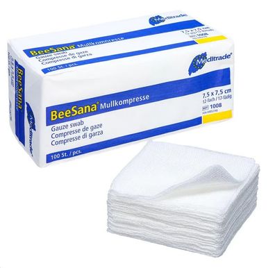 10x Meditrade BeeSana® Mullkompresse, unsteril 12-fach 7,5 x 7,5 cm - 100 Stüc| Packu