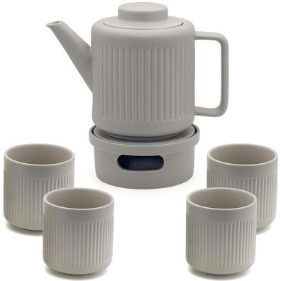 Teekannen Set 1.2 L graues Porzellan Edelstahl Teesieb & 4 Teebecher & Teewärmer