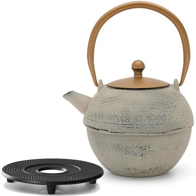 Asiatische Teekanne Set Gusseisen 1.2 L grau Teeset mit Guss-Untersetzer schwarz