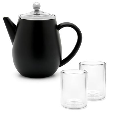 Teekanne 0.5 L Edelstahl doppelwandig schwarz Kanne Glasdeckel 2 Glas-Teebecher