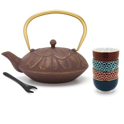 Asia Teekannen Set 1.3 Liter lila Gusseisen mit 4 Porzellan Becher & Deckelheber