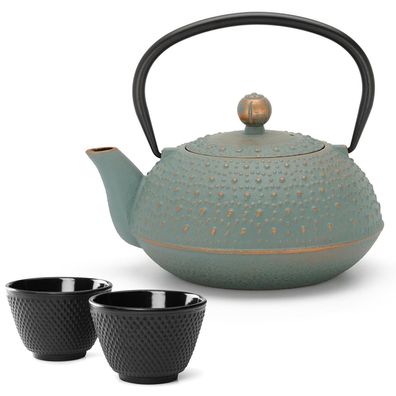 Asia Teekannen Set 0.9 Liter Gusskanne blau Gusseisen Kanne & 2 Guss-Teebecher