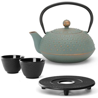 Asia Teekannen Set 0.9 Liter blau Gusseisen mit 2 Guss-Teebecher & Untersetzer