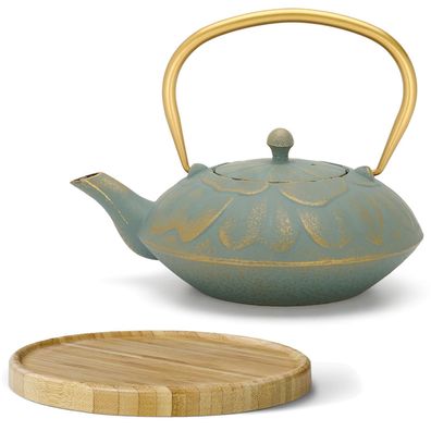 Gusseisen Teekanne 1.3 L flache Asia Gusskanne blau mit braunem Holz-Untersetzer