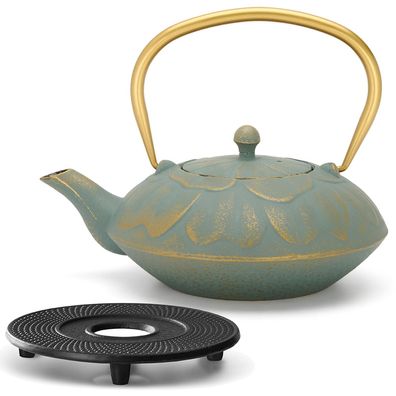 Gusseisen Teekanne 1.3 L flache Asia Gusskanne blau Teeset Kanne Gussuntersetzer