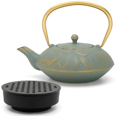 Gusseisen Teekanne 1.3 L flache Asia Gusskanne blau Teeset Kanne & Guss-Stövchen