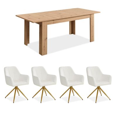 Esstisch mit 4 Stühlen Set Essgruppe Bouclé Polsterstühle Beige Küchentisch Modern