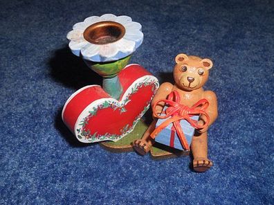 alter Kerzenhalter , Leuchter, Teddy mit Geschenk - Erzgebirge , Handarbeit