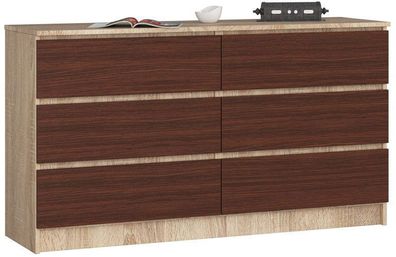 Kommode AKORD K140 Sonoma-Eiche 138 cm 6 Schubladen Front Wenge B138 x H77 x T40 cm