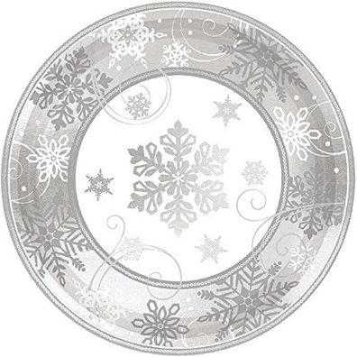 8 Party Pappteller Winter Eiskristall Schneeflocke ca 17,8 cm weiß silber