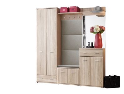 Garderobenset AR7, mit Panel, Kleiderschrank, Spiegel, Schrank, Sitzkissen, Kommode