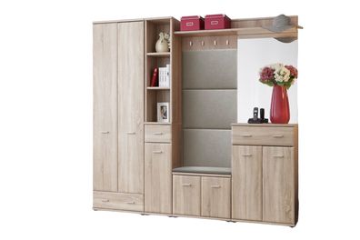 Garderobenset AR8, mit Panel, Kleiderschrank, Regale, Spiegel, Schrank, Sitzkissen