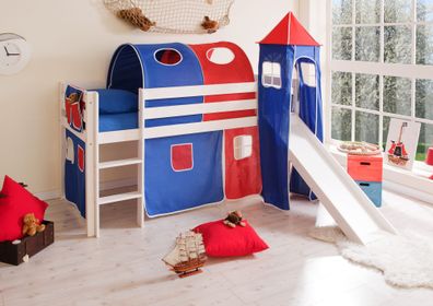 Hochbett mit Rutsche und Turm Spielbett Kasper Kiefer massiv Weiss