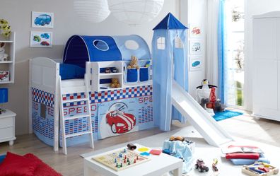 Hochbett mit Rutsche und Turm Spielbett Ekki Landhaus Kiefer massiv Weiss