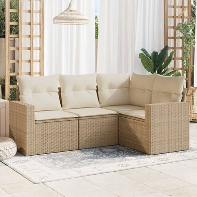 vidaXL 4-tlg. Garten-Sofagarnitur mit Kissen Beige Poly Rattan