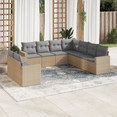 vidaXL 9-tlg. Garten-Sofagarnitur mit Kissen Beige Poly Rattan