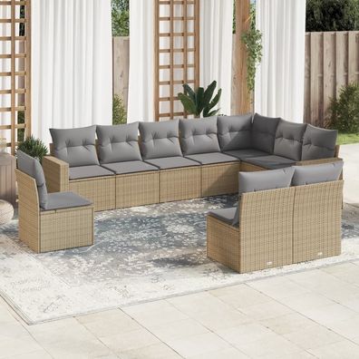 vidaXL 10-tlg. Garten-Sofagarnitur mit Kissen Beige Poly Rattan