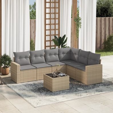 vidaXL 7-tlg. Garten-Sofagarnitur mit Kissen Beige Poly Rattan