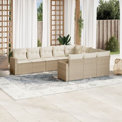 vidaXL 10-tlg. Garten-Sofagarnitur mit Kissen Beige Poly Rattan