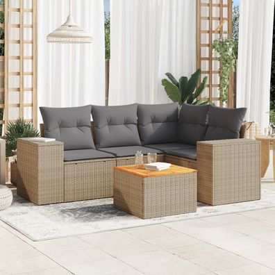 vidaXL 5-tlg. Garten-Sofagarnitur mit Kissen Beige Poly Rattan