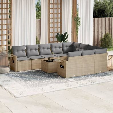 vidaXL 11-tlg. Garten-Sofagarnitur mit Kissen Beige Poly Rattan