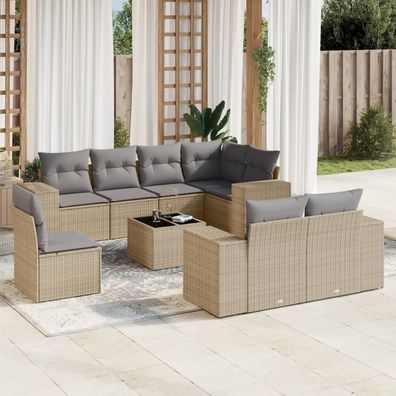 vidaXL 9-tlg. Garten-Sofagarnitur mit Kissen Beige Poly Rattan