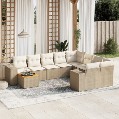 vidaXL 10-tlg. Garten-Sofagarnitur mit Kissen Beige Poly Rattan