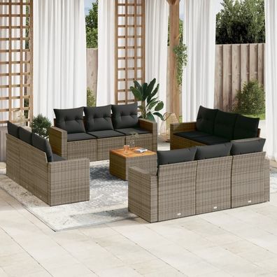 vidaXL 13-tlg. Garten-Sofagarnitur mit Kissen Grau Poly Rattan